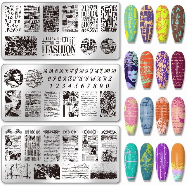 Juego de 3 placas para estampar uñas con textura de grafiti, números y letras, plantillas para manicura de estilo vintage, placas con imágenes de letras para uñas.