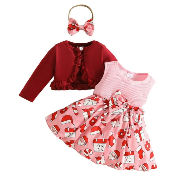Linfrsh Girls Christmas Outfit Baby Girls Sets Christmas Long Sleeve Cartoon Romper   Suspender Plaid Skirts Xmas Girls Outfits Red,18-24 Months