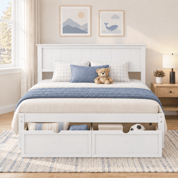 PAPROOS Full Bed with Storage, Full Size Bed Frame with 2 Under-Bed Drawers, Wood Platform Bed Frame with Headboard, Space Saving, No Box Spring Needed, White