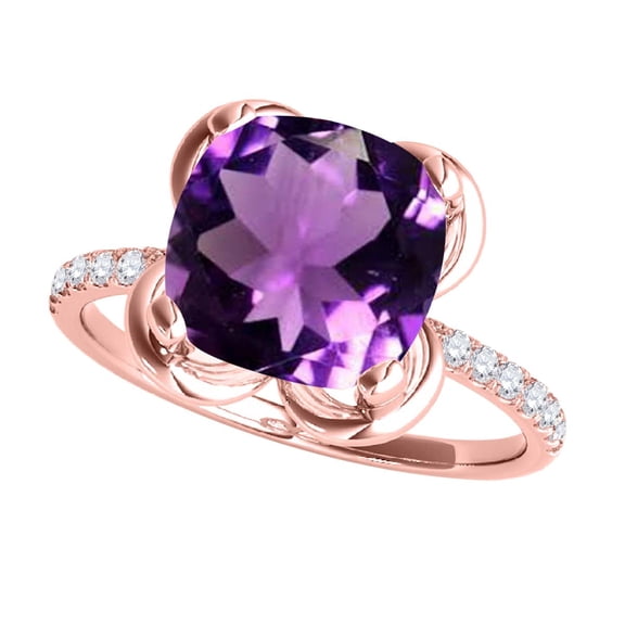 Mauli Jewels 2.30 Carat Cushion Cut Amethyst & Diamond Ring for Women in 10K Rose Gold, Birthstone Engagement Promise Anniversary Ring