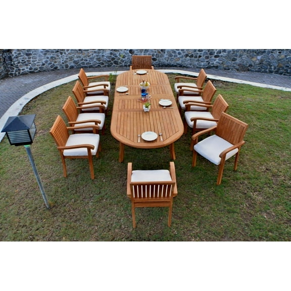 Teak Dining Set:10 Seater 11 Pc - Large 118" Oval Table And 10 Napa Stacking Arm Chairs Outdoor Patio Grade-A Teak Wood WholesaleTeak #WMDSNPq