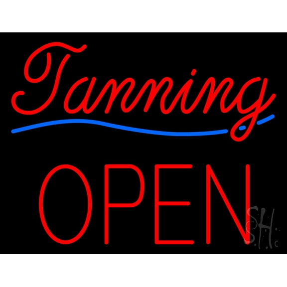 Cursive Red Tanning Block Open LED Neon Sign 15 x 19 - inches, Black Square Cut Acrylic Backing, with Dimmer - Bright and Premium built indoor LED Neon Sign for Defence Force.
