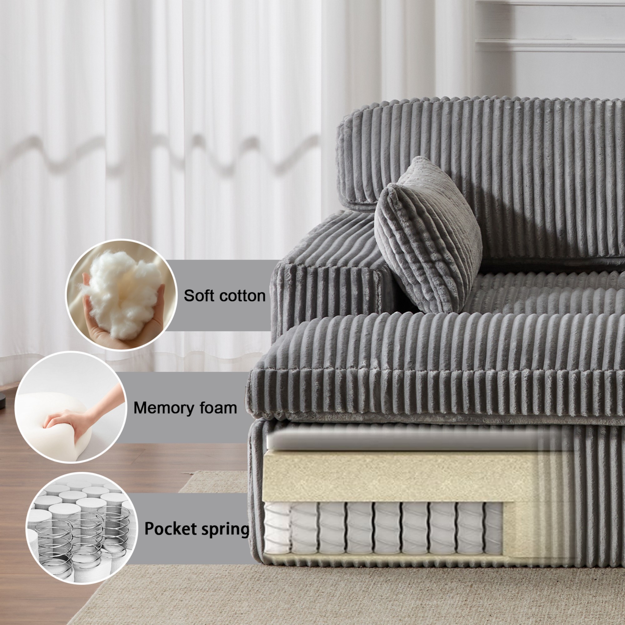 79" Oversized Sleeper Sofa Bed,Upholstered Sectional Sleeper Sofa Bed,Corduroy Sofa Bed Reading Chair for Living Room,Grey