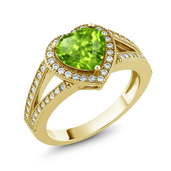 Gem Stone King 18K Yellow Gold Plated Silver Peridot and Moissanite Ring for Women (1.89 Cttw, Heart Shape 8MM, Gemstone Birthstone, Size 9)