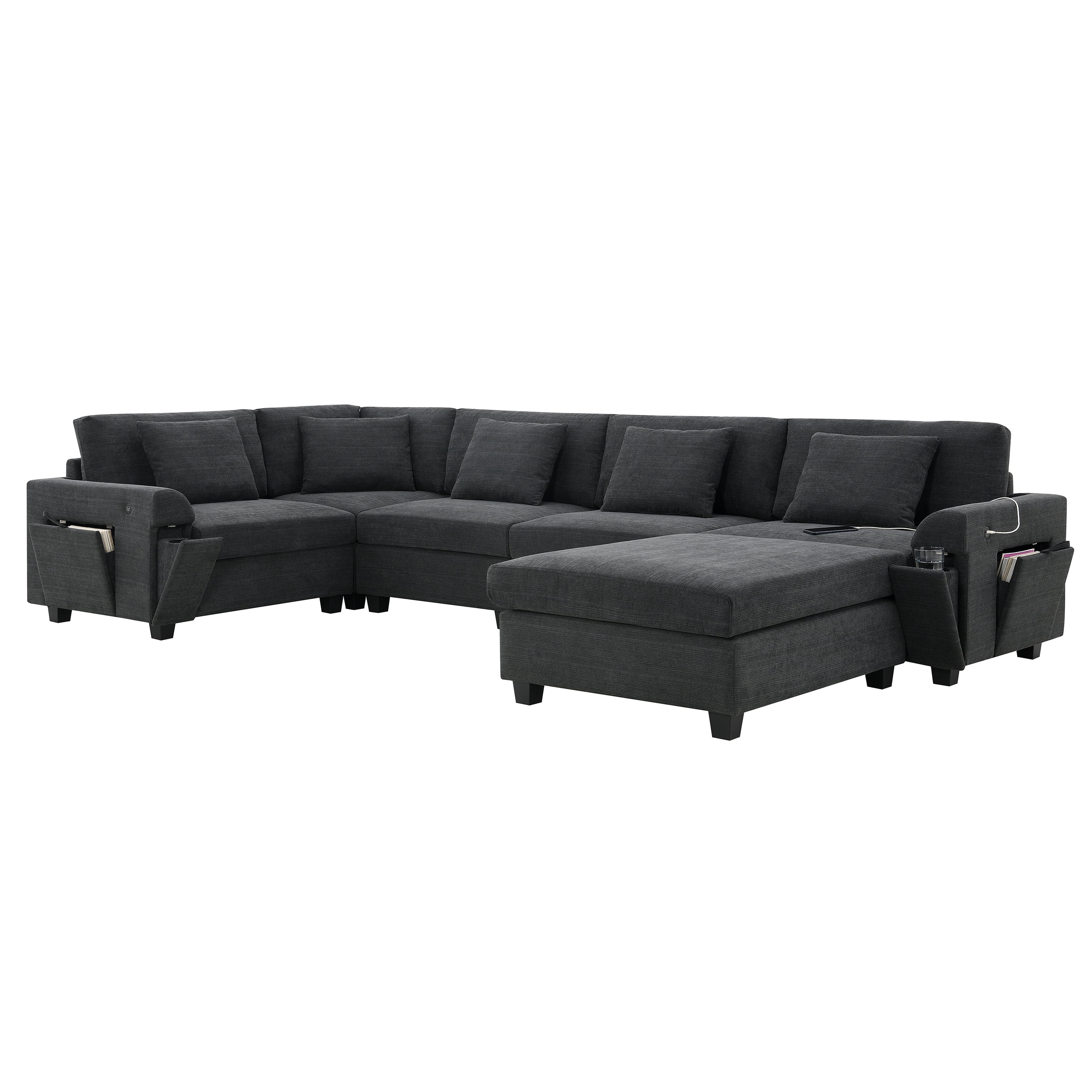 MAYEERTY 128x67" U-Shaped Sectional Sofa - 6-Seat Chenille Couch with Ottoman/Armrest Storage/Cup Holders/USB, Wide Seat for Living Room/Apartment, 2 Colors