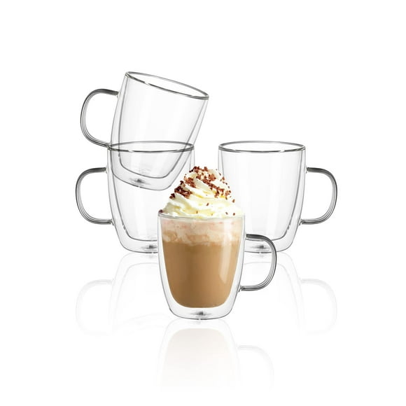 Sweese Double Walled Coffee Mugs - 12.5 oz Clear Coffee Mugs, Glass, Set of 4, Perfect for Cappuccino, Latte, Americano, Tea Bag, Beverage