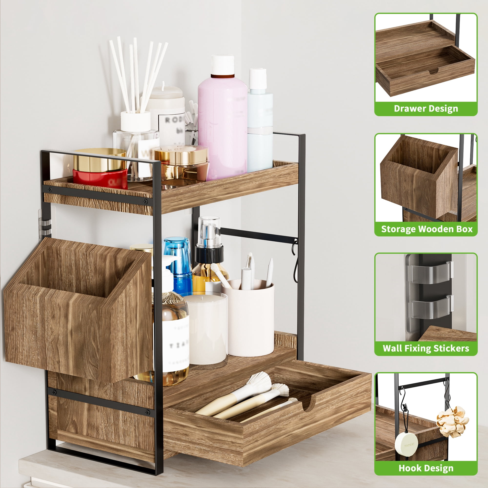 Gijjgole 2-Tier Bathroom Counter Organizer with Drawer and Basket, Wood Countertop Organizer for Storage, Skincare Organizers for Vanity, Counter Shelf for Bathroom Organization