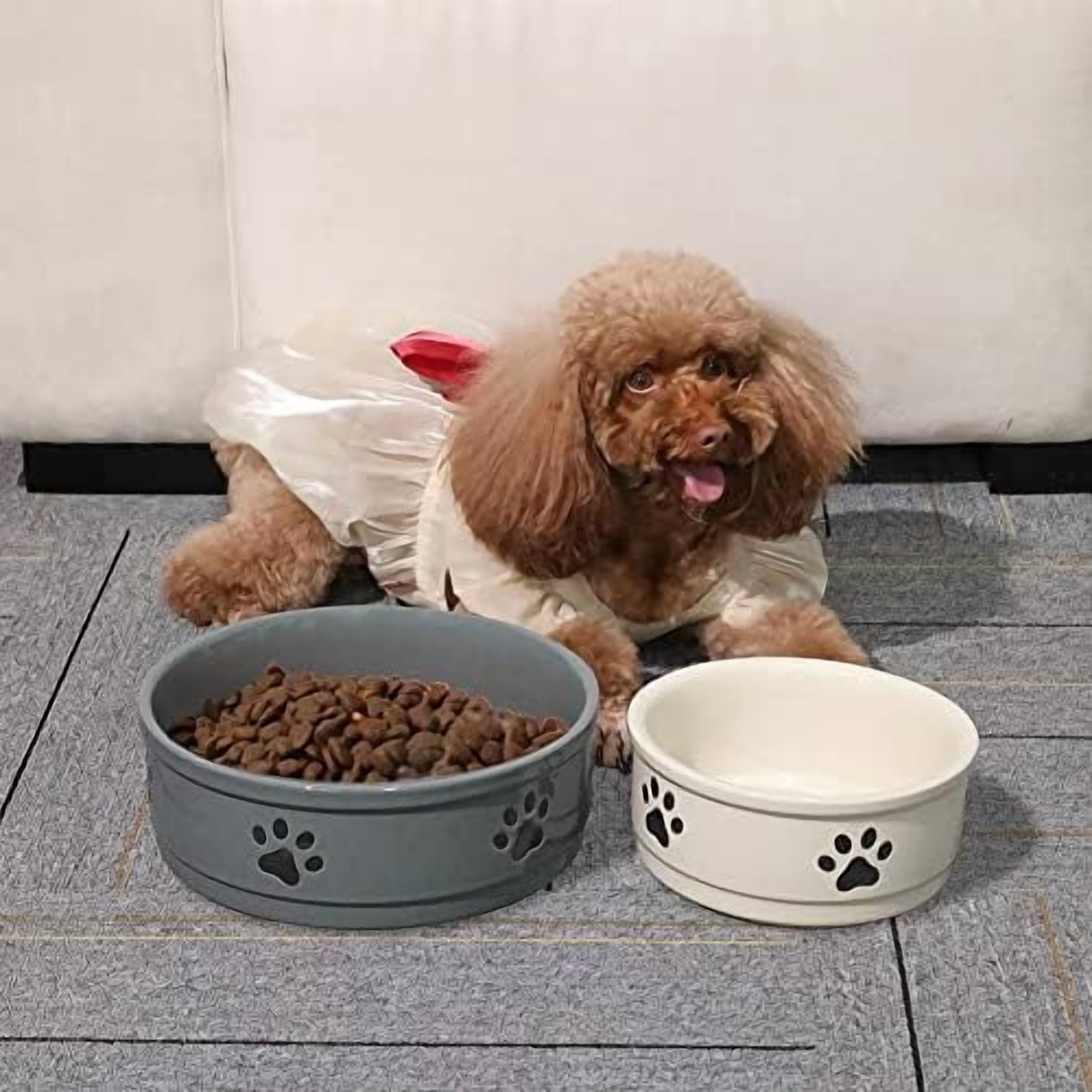 Ceramic Dog Bowls with Paw Pattern, Dog Food Dish for Large Dogs, Porcelain Pet Bowl for Water 70 Fl Oz (Beige)