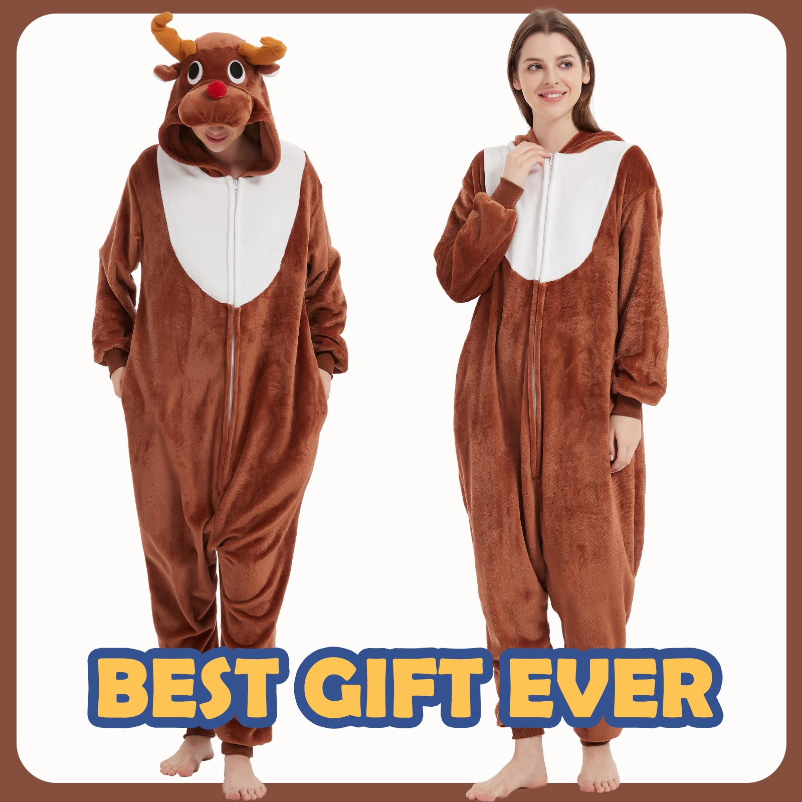 SWEETXIN Adult Christmas Reindeer Unisex Onesie Pajamas Halloween Cosplay Costume Suit for Women and Men SizeM