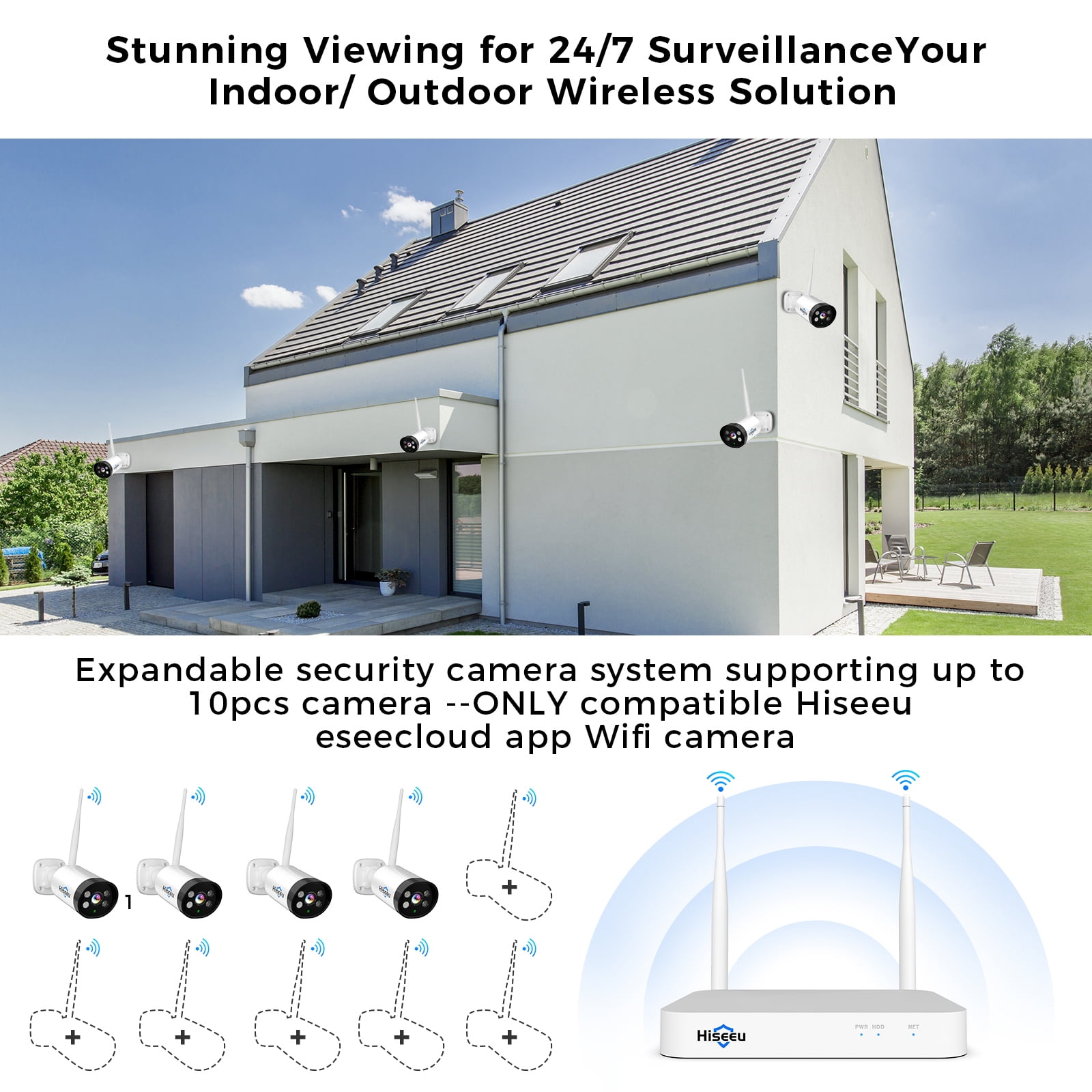 Hiseeu Wireless Camera System, 10CH Expandable 4K Security NVR, 4Pcs 3MP Outdoor Cameras, 2-Way Audio, Human Detection, IP66 Waterproof, 500GB HDD 2.4/5.8GHz WiFi Pro-tech