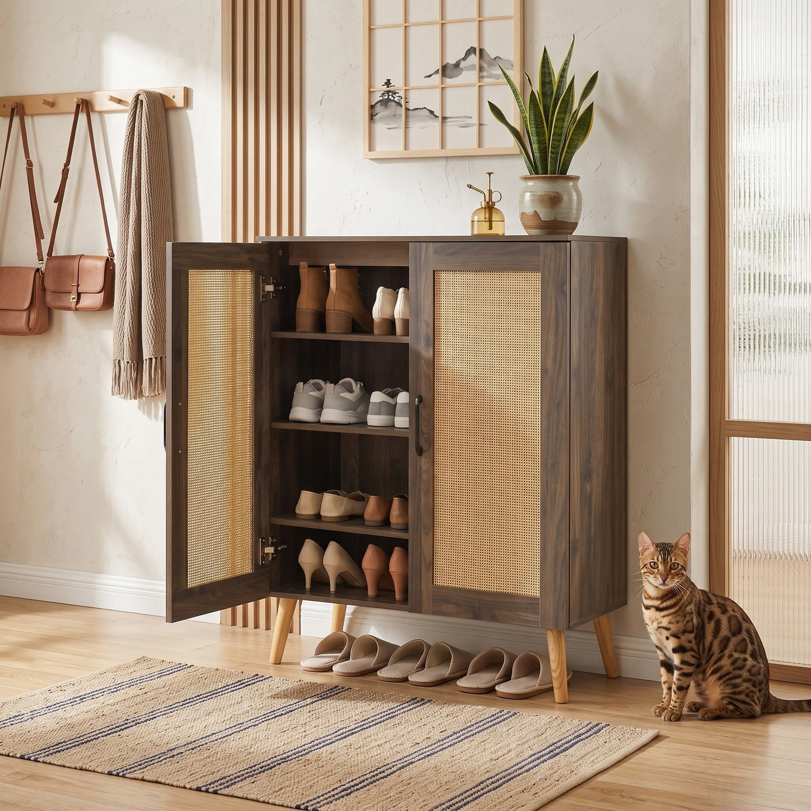 Furnibear 5-Tier Rattan Shoe Cabinet with 3 Removable Shelves and Woven Doors for Entryway and Hallway Shoe Storage, Walnut