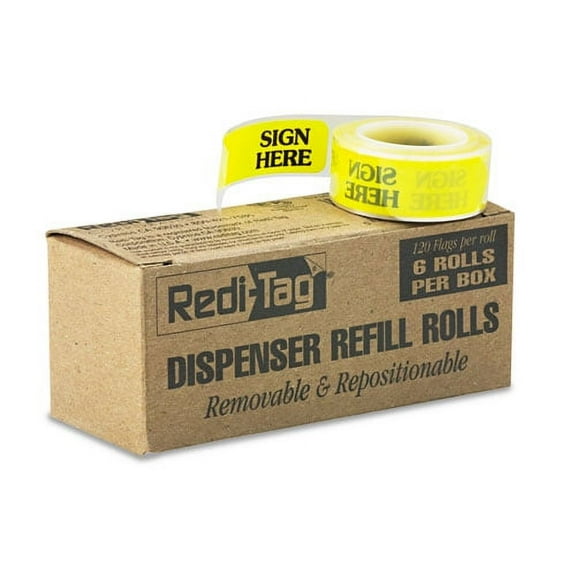 Arrow Message Page Flag Refills, "sign Here", Yellow, 6 Rolls Of 120 Flags | Bundle of 2 Boxes