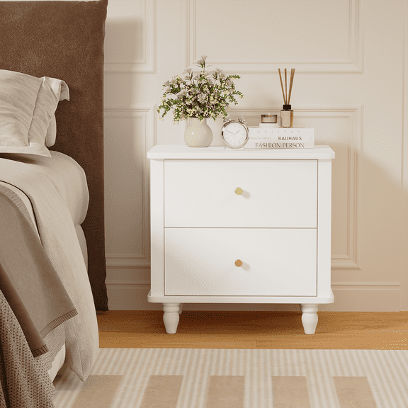 LUMAMIN Modern 2-Drawer Nightstand, Bedside Table with Round Knobs, White MDF Wooden Night Stands for Bedroom, Living Room or Kids Room