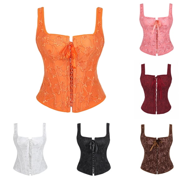 Womens Wide Shoulder Strap Floral Embroidered Boned Corset Top Front Lace Up Fitted Waist Crop Tank Halloween Outerwear