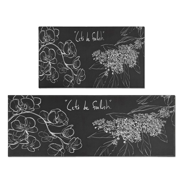 Elevate Your Kitchen with Set of 2 Black & White Boho Floral Mats: Cushioned Anti-Fatigue Kitchen Rug Non-Slip Design Kitchen Runner Mat for Farmhouse Decor