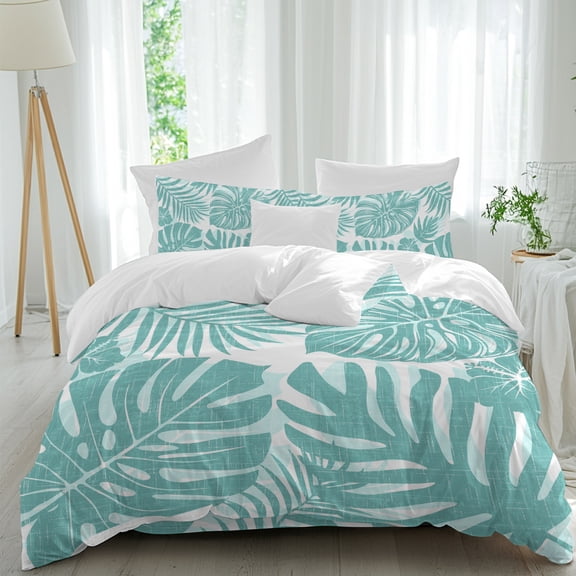 Aqua Teal Palm Leaves Comforter Set Twin Size, Tropical Botanical Minimalist Modern Soft Bedding Set for Man Woman, 4 Pieces Duvet Cover Set with Flat Sheet, 2 Pillowcases