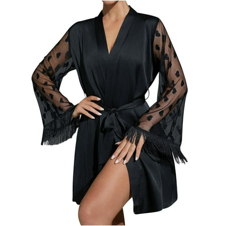 Women Sexy Feathers Collar Perspective Sheer Long Lingerie Robe Nightgown Bathrobe Pajamas Sleepwear