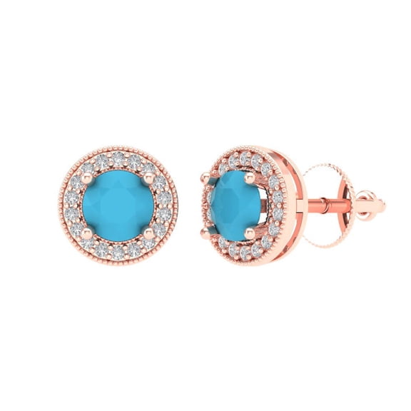 1.18 ct Screw-Back Stud Earrings for Women | 5mm Round Cut Simulated Turquoise | 18K Rose Gold