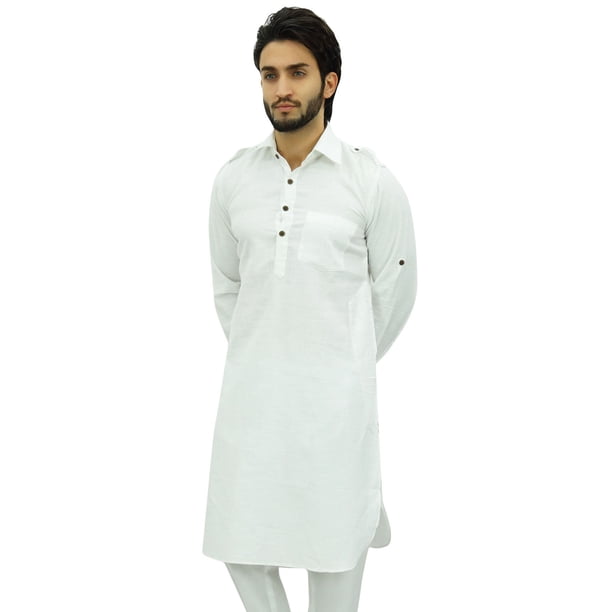Atasi Men's Classic White Pathani Style Kurta Long Cotton Shirt-XX