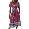 thumbnail image 5 of Minjewel Ladies Floral Casual Fashionable Short Sleeve V-Neck Dress for Spring Summer Women's Daily Casual Wear,Hot Pink,2XL, 5 of 6