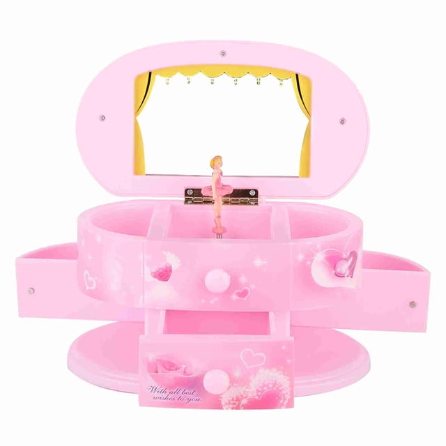Caja de música con forma de corazón de bailarina, joyero con espejo para niñas (rosa)