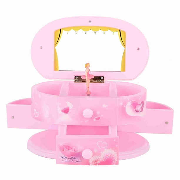Caja de música con forma de corazón de bailarina bailando, caja de almacenamiento para joyas con espejo para niñas (rosa)