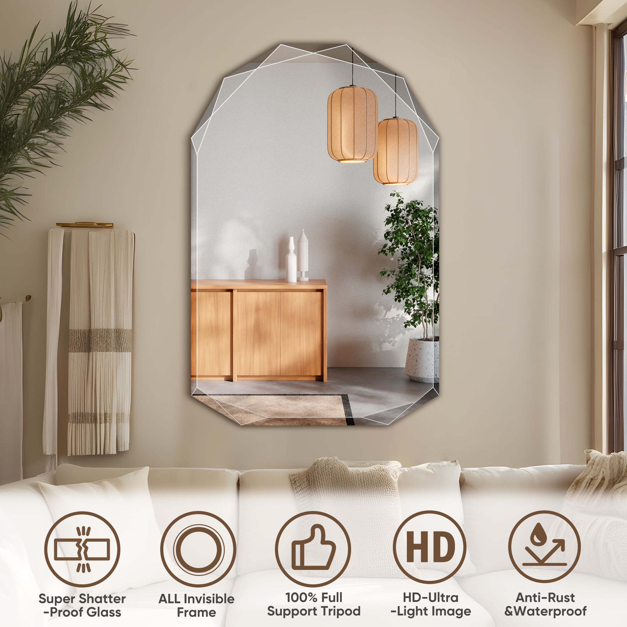 Antok 20x30 Inch Beveled Edge Frameless Bathroom Vanity Mirror, Wall Mount Mirror for Bathroom, Arched Decorative Mirror, HD Silver