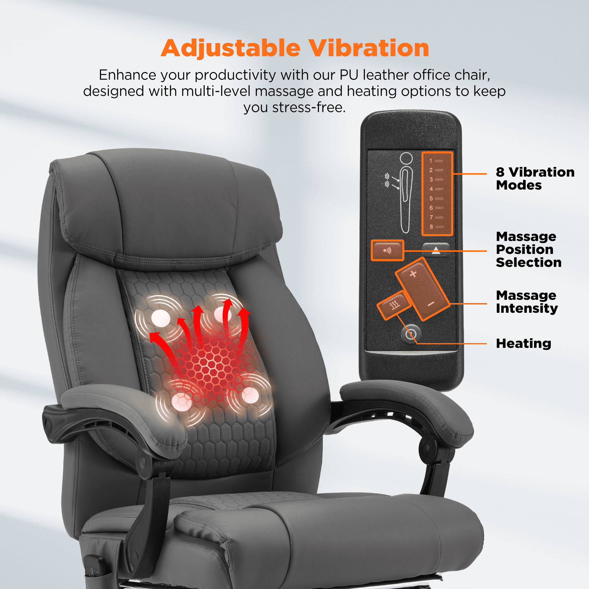 HOMREST  Ergonomic Administrative Office Chair, Heated Massage Lounge Chair with Adjustable Backrest, Foot Pedal, for Home & Office Use, Grey