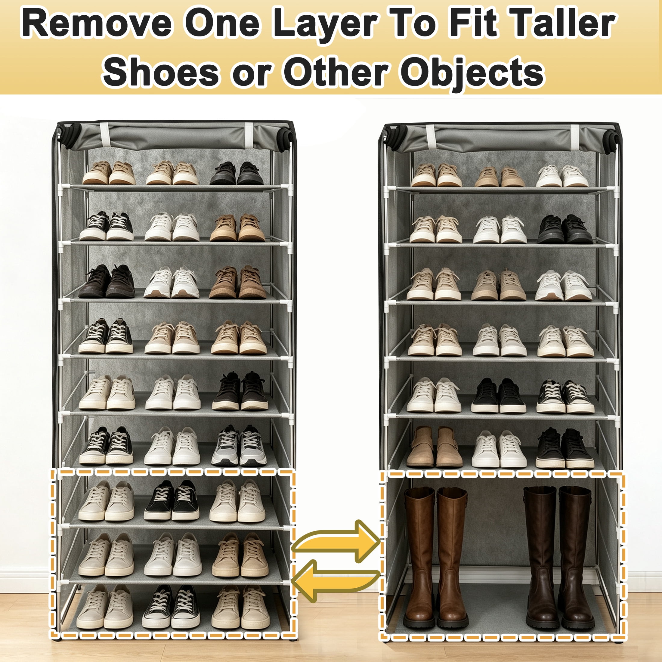 10 Tier Shoe Rack with Dustproof Cover, Tall Shoe Storage Organizer for 27 Pairs, Removable Shelves, Space-Saving Shoe Cabinet for Entryway Bedroom Closet, Grey