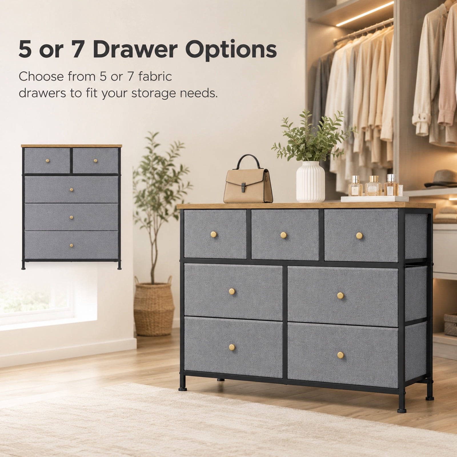 Alvantor 5/7 Drawer Fabric Dresser, Storage Tower for Bedroom and Closet, Chest of Drawers with Sturdy Steel Frame & Wooden Top for Living Room, Entryway