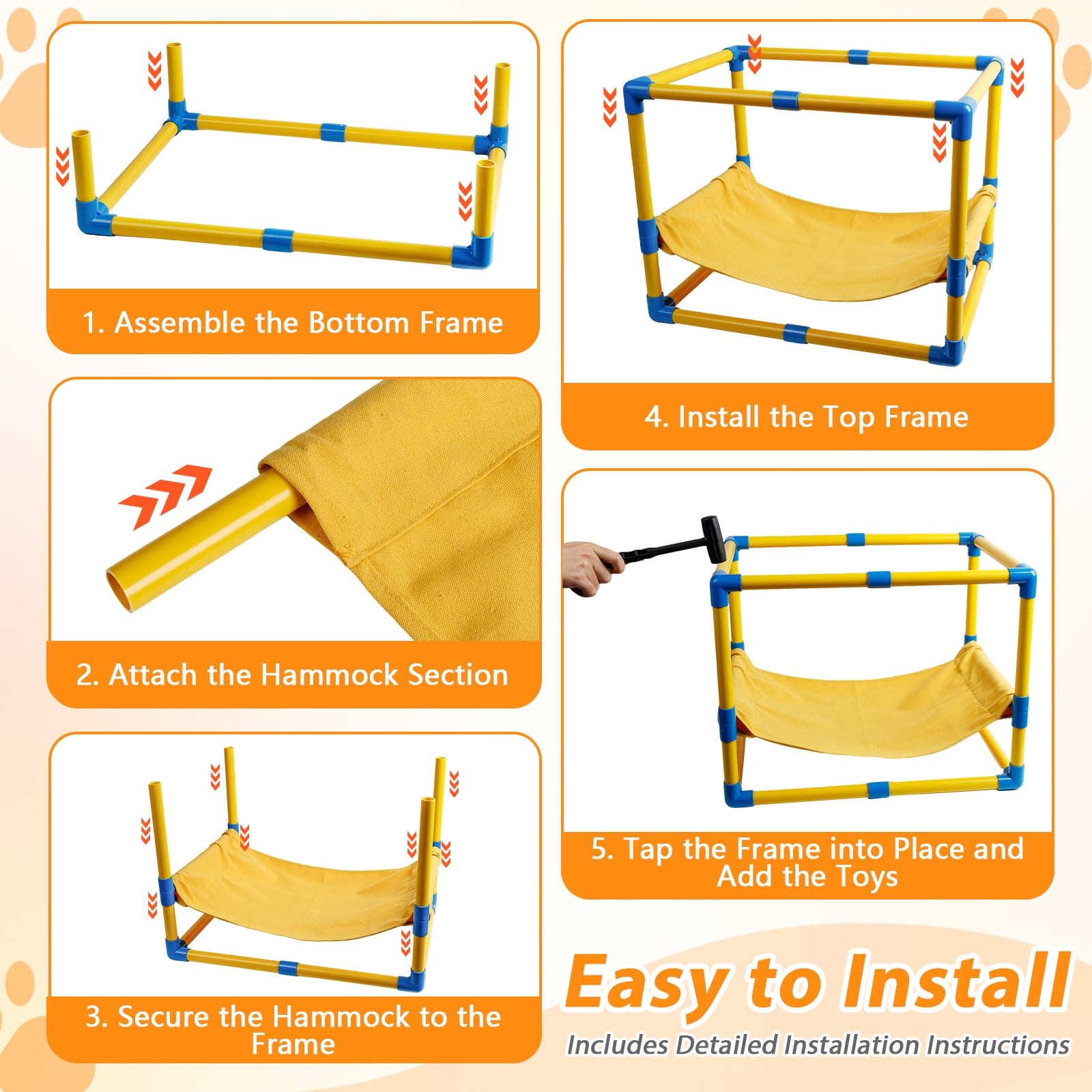 JDNRXO Puppy Play Gym with Hammock - 8 Hanging Toys & Enrichment Center for Small Dogs, Adjustable PVC Indoor Jungle Gym with Bungee Straps