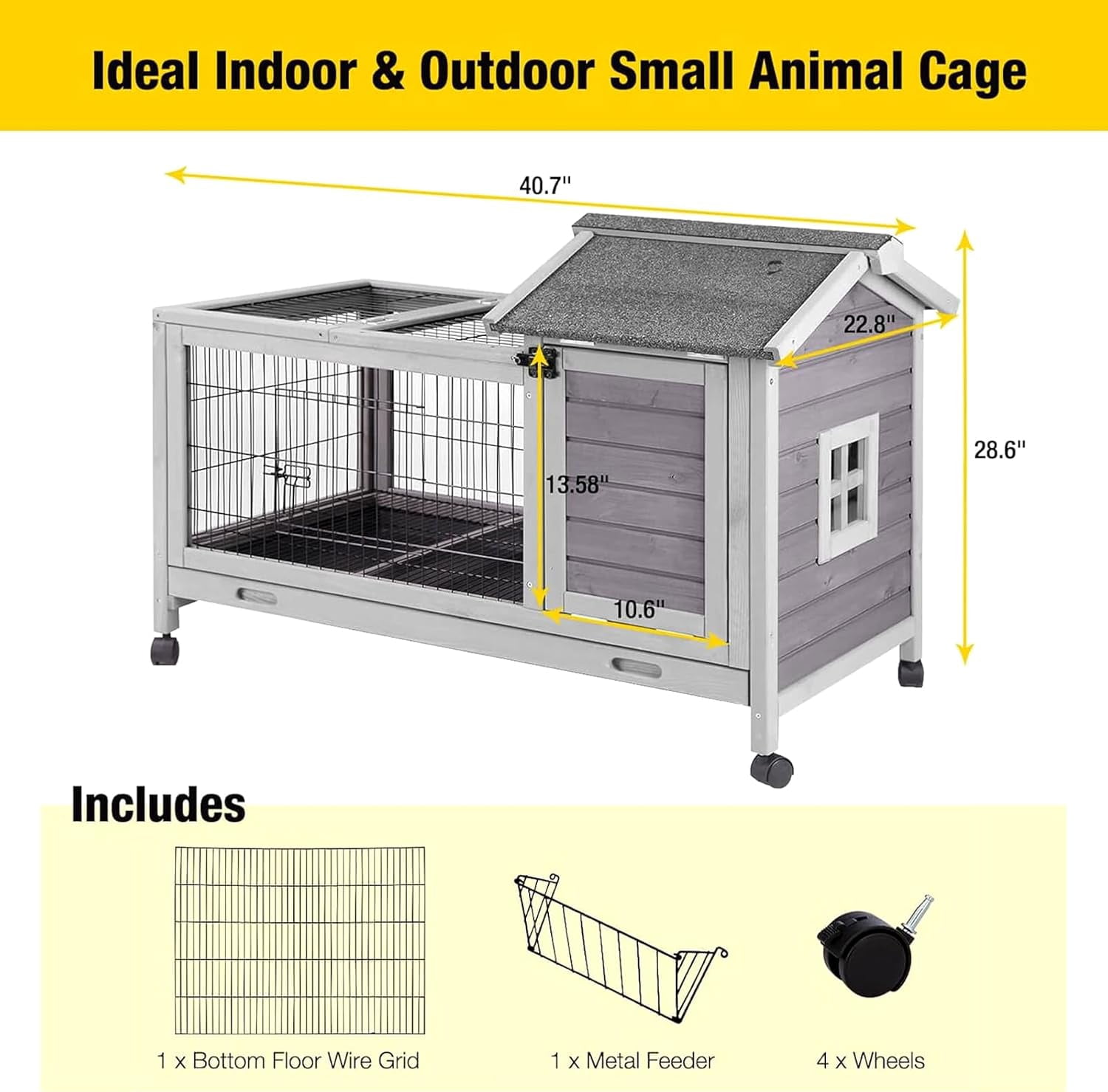 Aivituvin Rabbit Hutch Indoor Bunny Cage Outdoor Bunny House with Wire Floor Leakproof Plastic Tray Gray