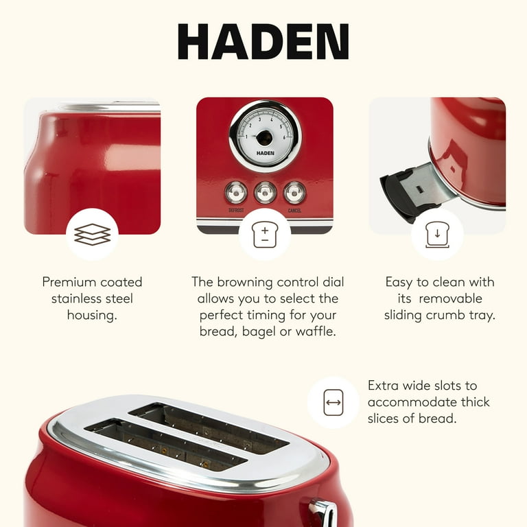 HADEN Dorset Retro 2-Slice Wide Slot Stainless Steel Toaster, Red