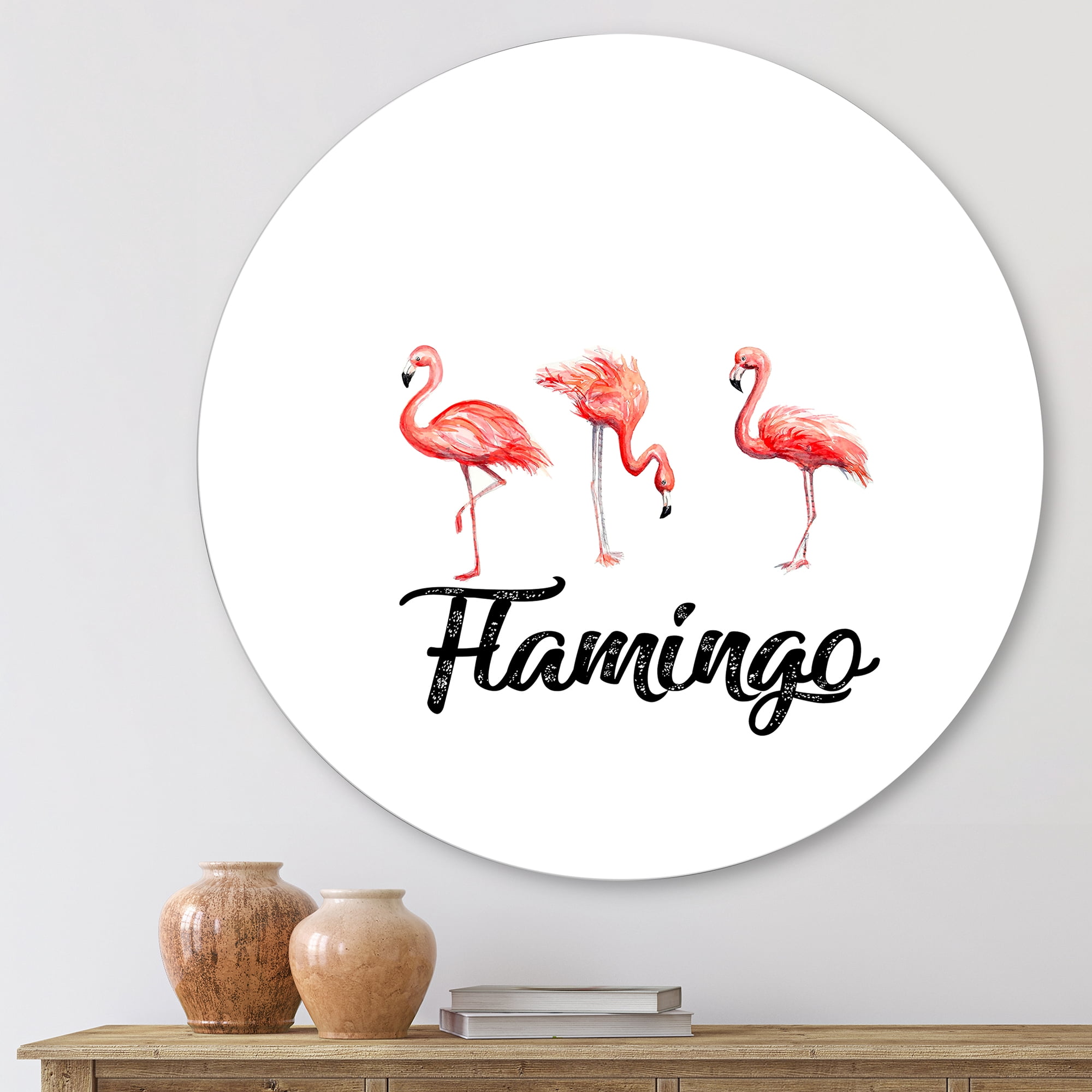 Designart 'Three Flamingos On White' Farmhouse Circle Metal Wall Art 11x11 - Disc of 11