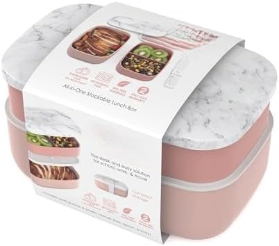 Classic - Adult Bento Box, Stackable 3-Compartment Lunch Box with Removable Utensil Set and Sealing Strap, BPA-Free, Food Container Ideal for Meal Prep, Work, and On the Go (Blush Marble)