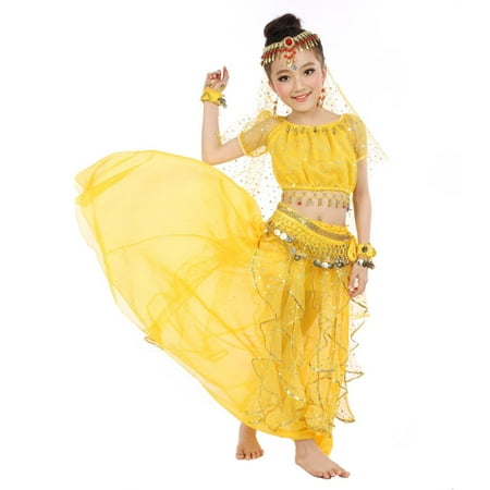 EOTVIA Kids Girls Belly Dance Costume Set Long-Dress Outfit Indian Dance Clothing with Head Veil , Belly Dance Costume Set, Belly Dance Clothing