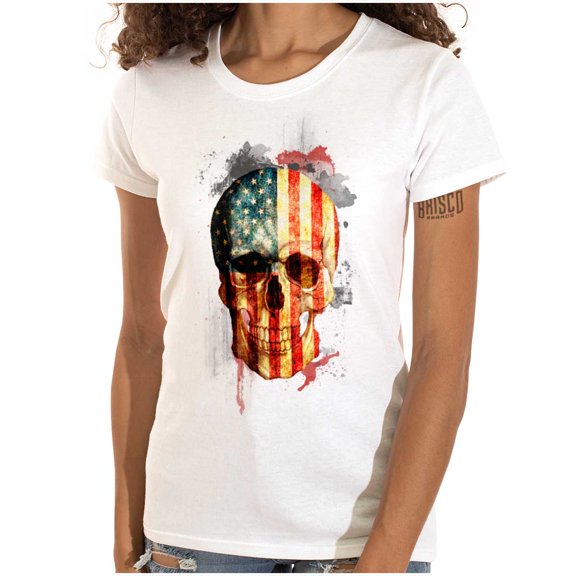 American Flag Skull Cool Patriotic Womens Slim Fit Graphic Tee Brisco Brands X