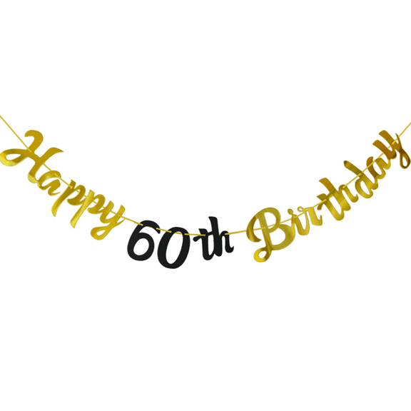 Happy 60th Birthday Banner, Gold and Black, Party Decoration, Hanging Garland Sign