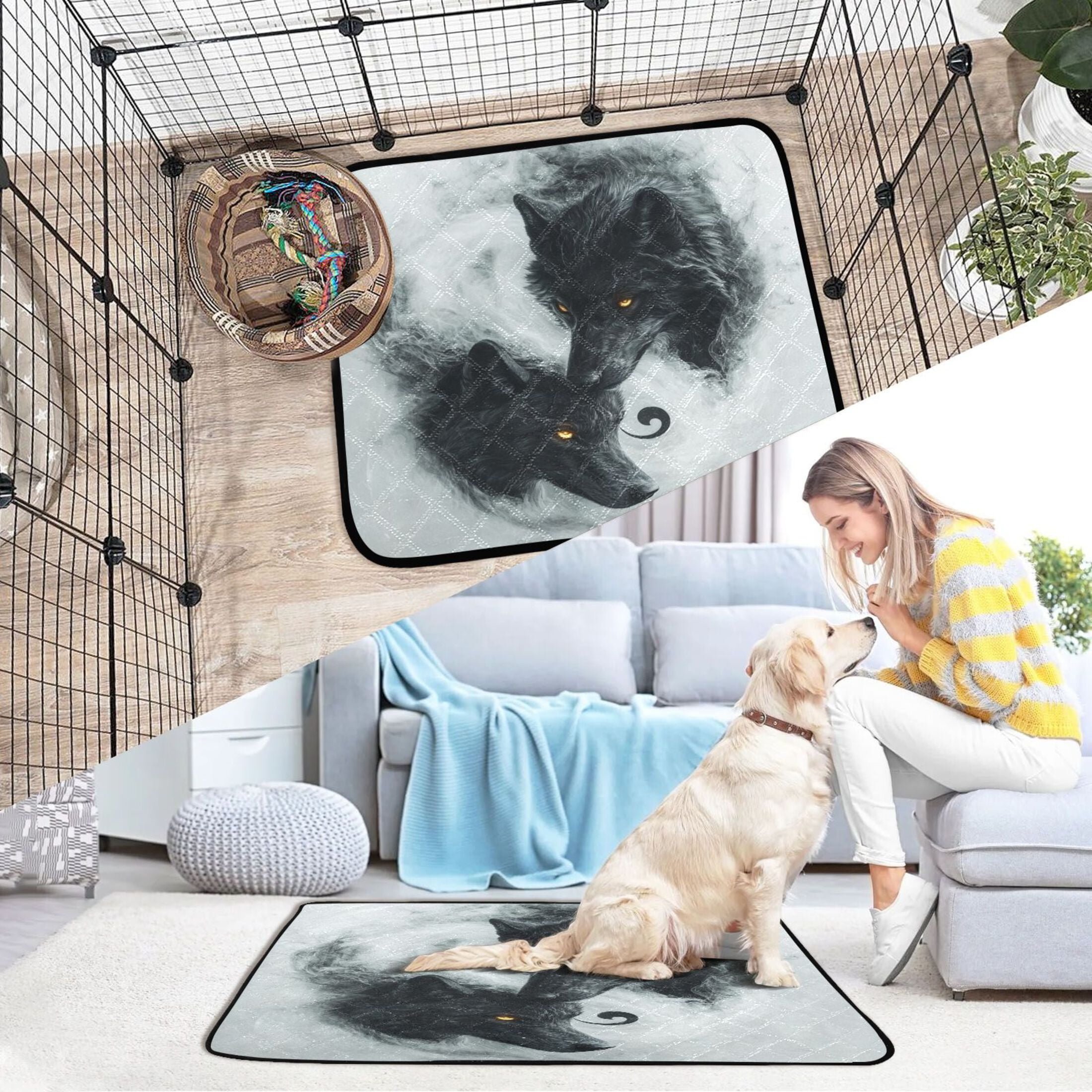 Qxltty Watercolor Style Black Wolf Cat litter Pads Pet Set of 3 Diaper Mats Center Anti-leakage Layer Absorbent Soft and Comfortable