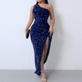 thumbnail image 2 of Lovskoo 2024 Women's Ruched Midi Dress Sleeveless Spaghetti Straps One Shoulder Asymmetric High Split Party Ball Gown Blue, 2 of 7