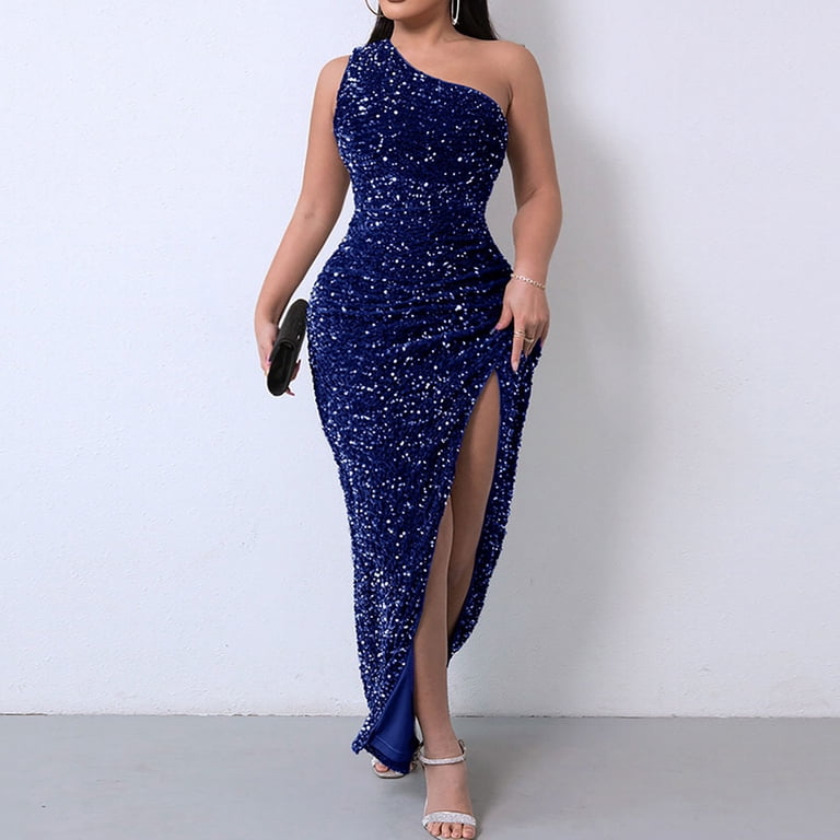Lovskoo 2024 Women's Ruched Midi Dress Sleeveless Spaghetti Straps One  Shoulder Asymmetric High Split Party Ball Gown Blue - Walmart.com
