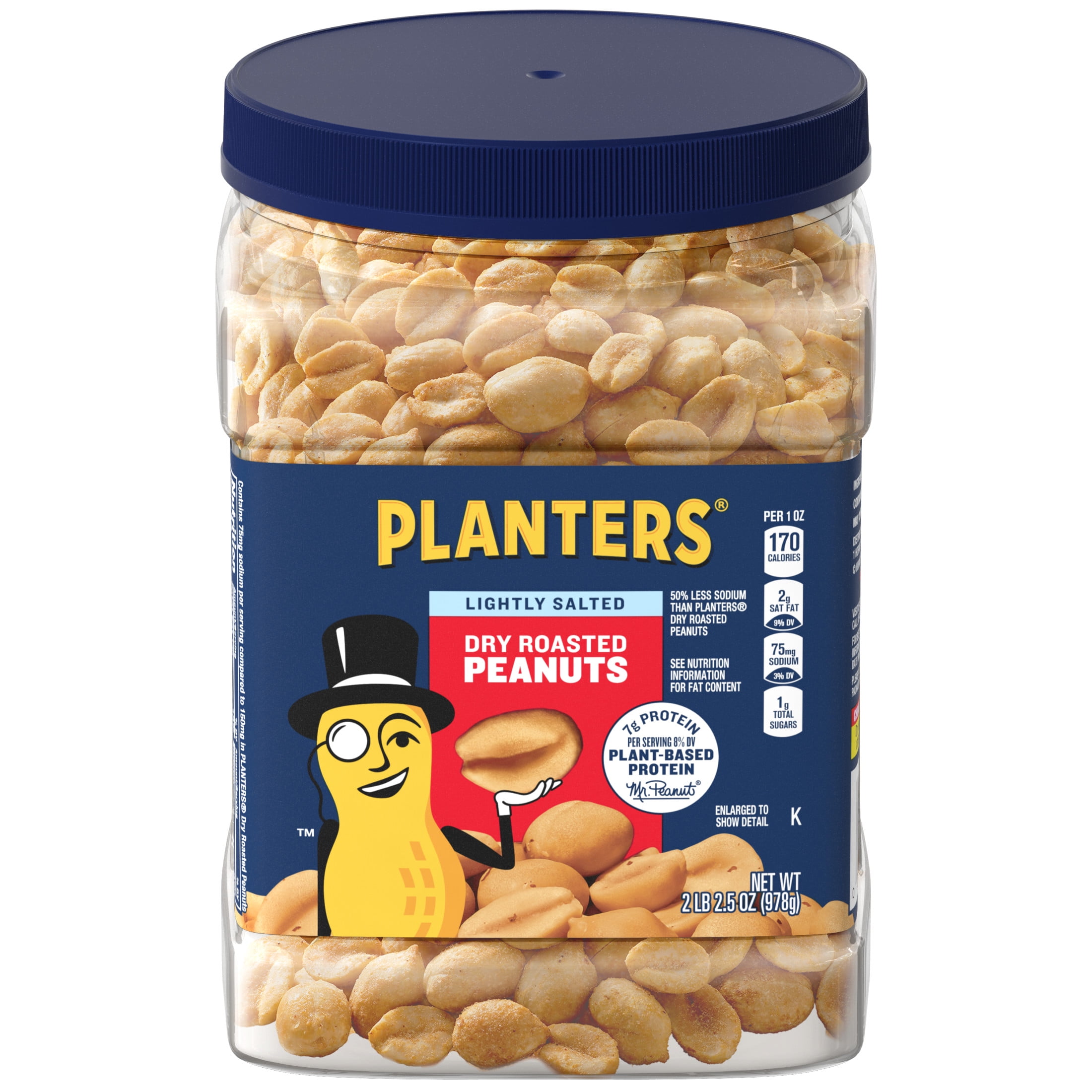 (6 pack) PLANTERS Lightly Salted Dry Roasted Peanuts, Party Snacks, Plant Based Protein, 2.16 lb Canister