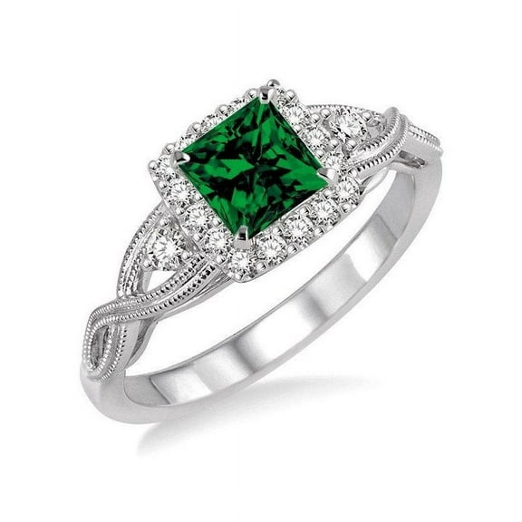 1.50 Carat Princess cut Emerald and Diamond Engagement Ring in 14k White Gold affordable emerald and diamond engagement ring