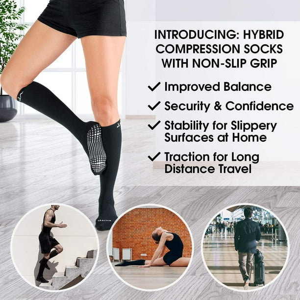 LA Active Graduated 20-30mmHg Compression Socks with Non-Slip Grips for  Safety - Unisex for Men & Women 
