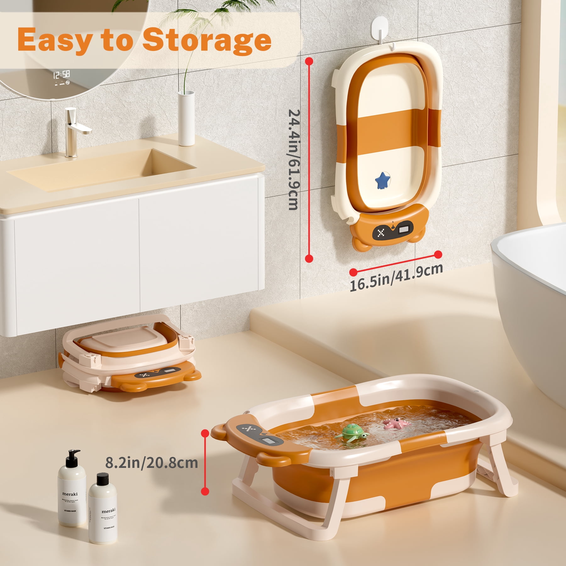 COOSEYA Baby Bathtub ,Collapsible Baby Bathtub , Bath Tub with Cushion and Thermometer ,Newborn to Toddler Portable Travel Multifunctional Bathing 0-2 years (Bear/Brown)