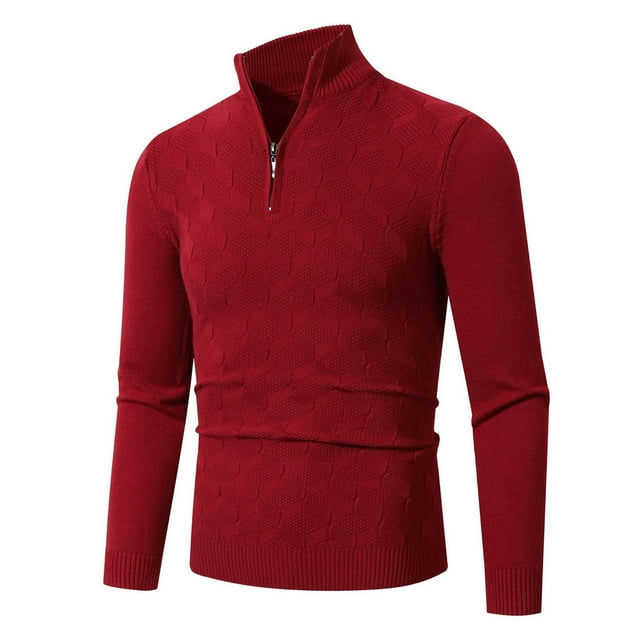 Rbaofujie Chandail pour Hommes Mode Hommes Couleur Unie Demi-Fermeture Éclair Tricoté Col Montant Chandail Décontracté Chandails Rouges pour Hommes