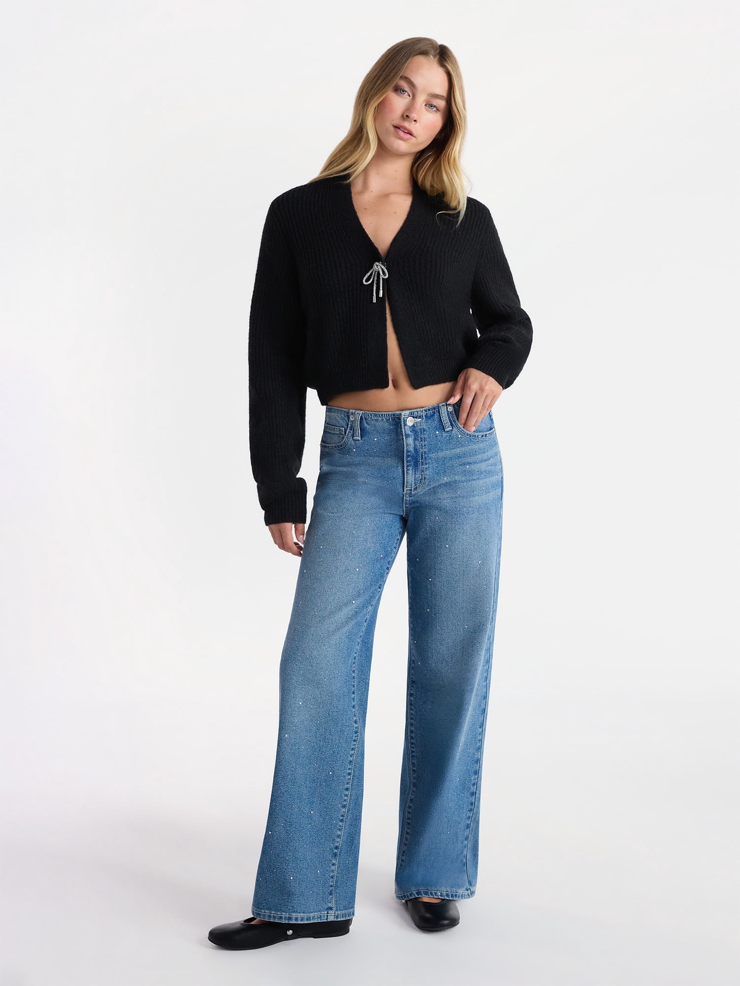 No Boundaries Studded Baggy Wide Leg Jeans, 31.5'' Inseam, Women's