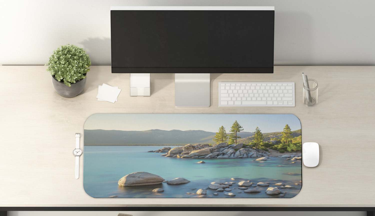 Lake Computer Mouse Pad, Pastoral Spring Time Scenery in Provincial Countryside Lake Beach Shallow Water Theme, Rectangle Non-Slip Rubber Mousepad Large, 31" x 12", Blue Grey, by Ambesonne - image 2 of 2
