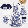 thumbnail image 1 of PatPat Family Matching Modern Blue and White Botanical Leaf Design Button Strap Dress and Color Block Tee Sets, 1 of 4