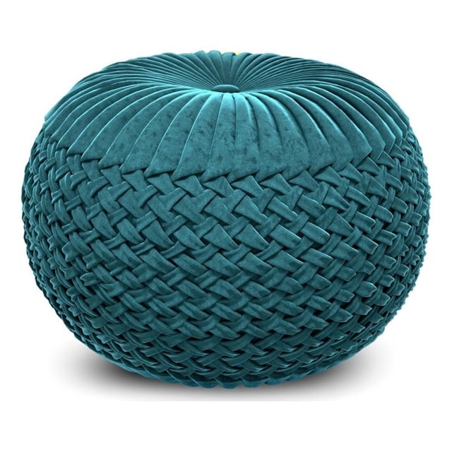 Pemberly Row Pouf Rond en Tissu de Velours Vert Sarcelle avec Détails Tissés